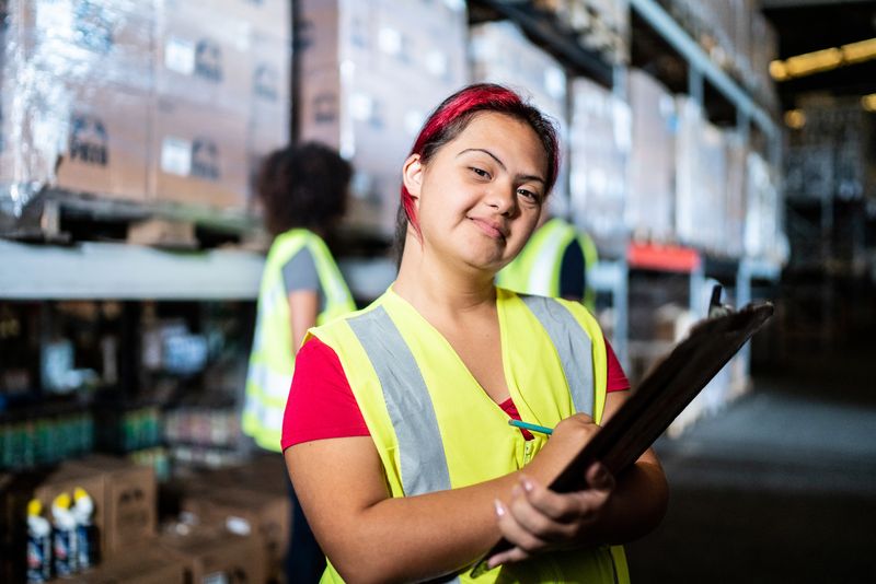 A smiling woman in a safety vest holds a clipboard in a warehouse.